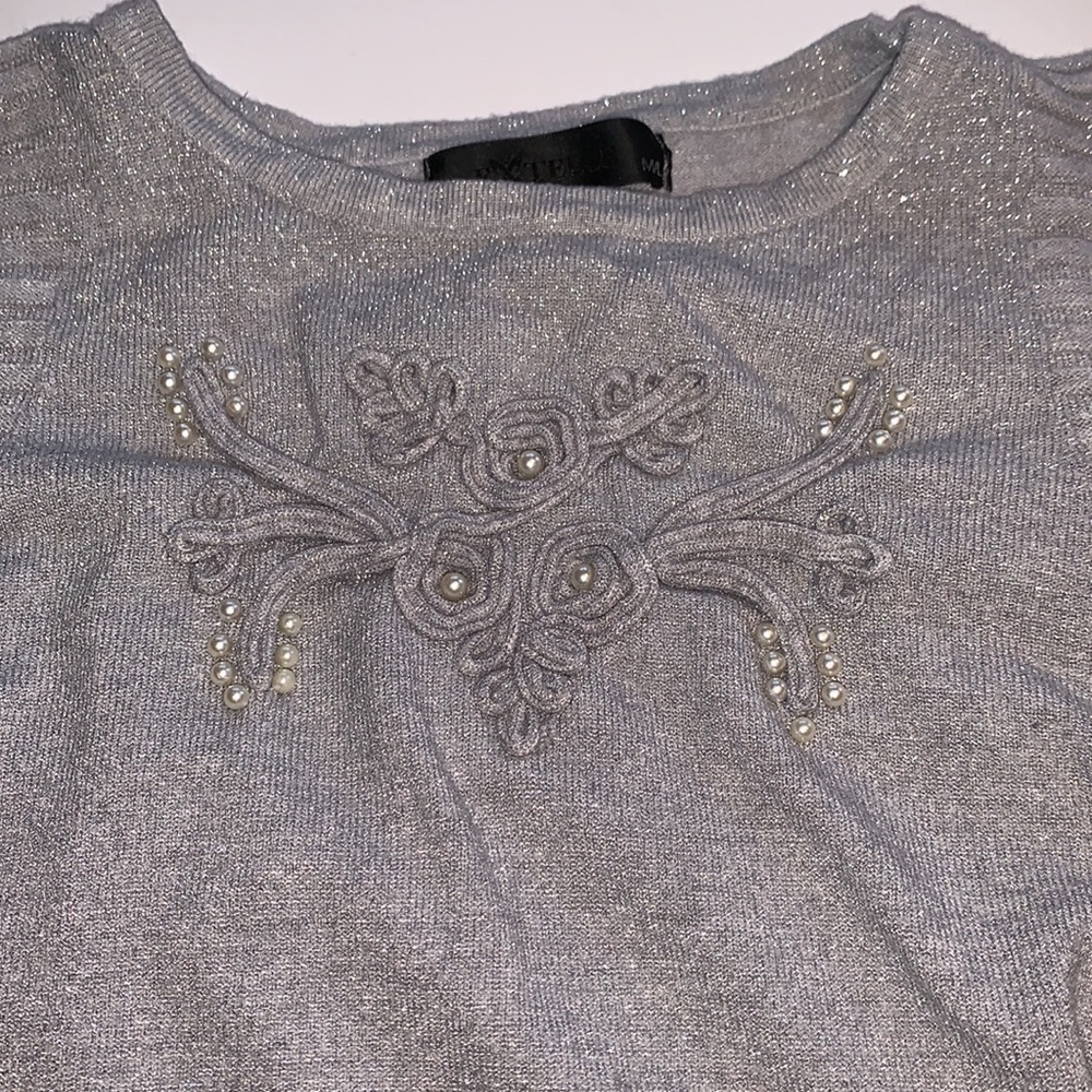 Gray Cold Shoulder Embellished Sparkle Top Pearls Glitter Size M